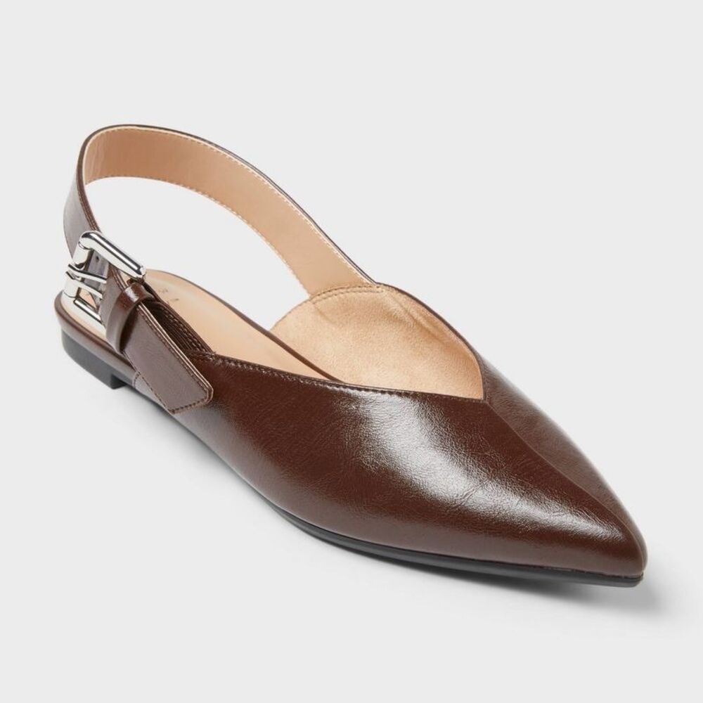 Women’s Victoria Sling Back Side Buckle Flats with Memory Foam Insole – Brown 6